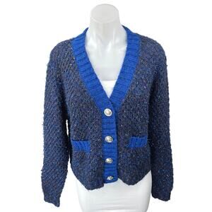 Cider Blue Metallic Pockets Knit Button Down Casual Cardigan Sweater Top Size M